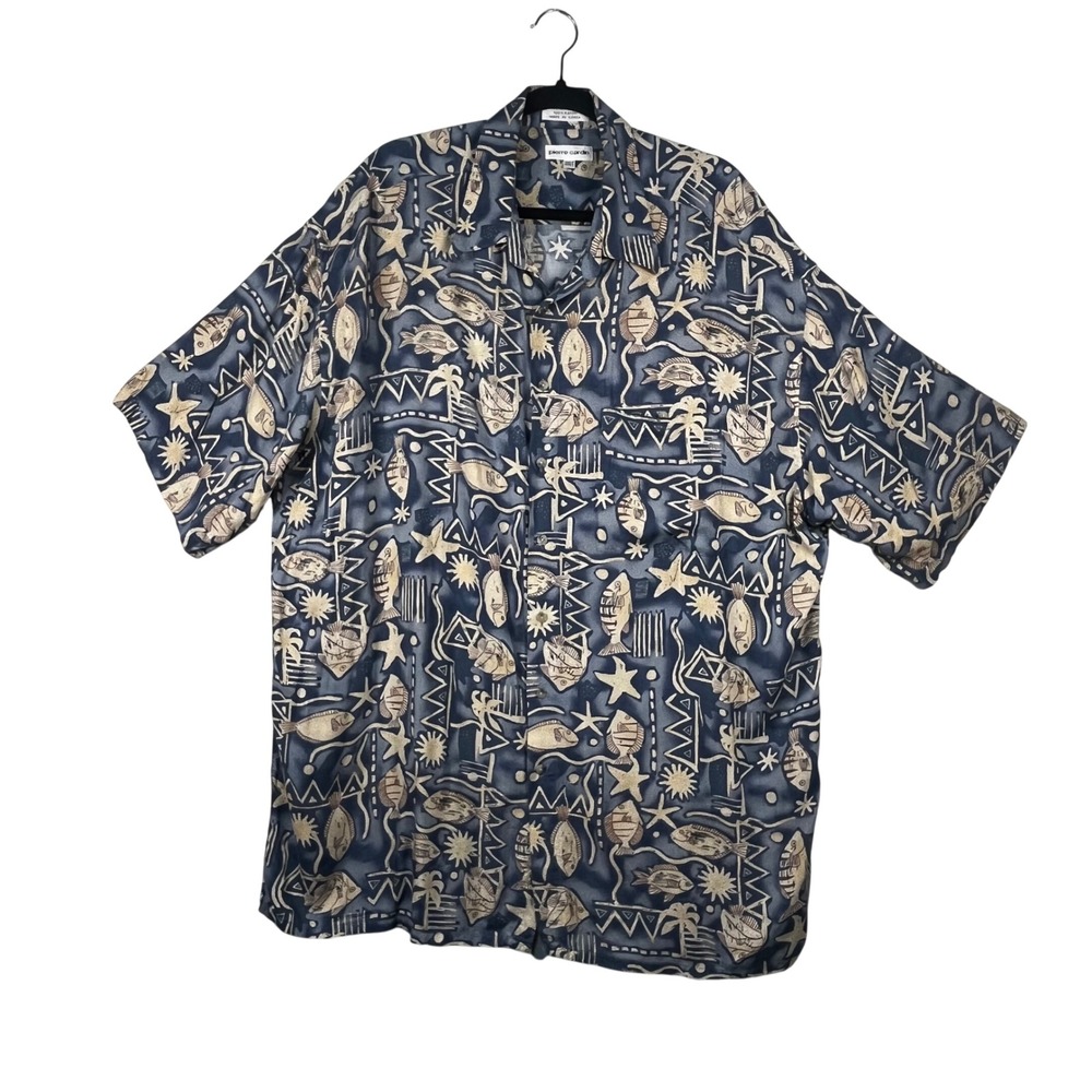 Pierre Cardin Button Down Shirt Mens Blue Rayon Fish‎ Print Size 2XLT